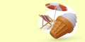 3D white ice cream, beach furniture. Rest on shore. Summer relaxation outside