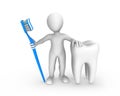 3d white man with big tooth and toothbrush with toothpaste. Royalty Free Stock Photo
