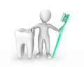 3d white man with big tooth and toothbrush with toothpaste. Royalty Free Stock Photo