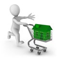 3d white man pushing a shopping cart with green house.
