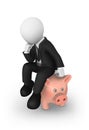 3d white businessman sitting on the piggy bank and thinking