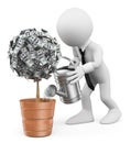 3D white people. Businessman watering a money plant