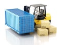 3d White people carrying a cargo container with a forklift. Royalty Free Stock Photo