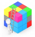 3d white people climb up with the help of a ladder towards a rubix cube