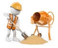 3D white people. Construction worker with a shovel and a concrete mixer