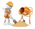 3D white people. Construction worker with a shovel and a concrete mixer Royalty Free Stock Photo