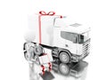 3d White people delivering a gift box with truck and delivery Royalty Free Stock Photo