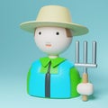 3d white people. Gardener, farmer with a rake in a hat. 3d illustration