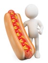 3D white people. Man with a hot dog with ketchup and mustard Royalty Free Stock Photo