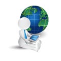 3d white people man with laptop and world map icon logo Royalty Free Stock Photo