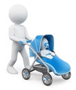 3D white people. Man pushing a baby stroller