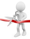 3D white people. Man with scissors cutting red ribbon Royalty Free Stock Photo