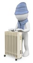 3D white people. Man warming up with a radiator Royalty Free Stock Photo