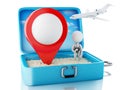 3d white people with map pointer in a travel suitcase Royalty Free Stock Photo