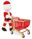 3D white people. Santa Claus pushing a shopping cart empty