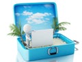 3d white people with signboard in a travel suitcase. Summer conc Royalty Free Stock Photo