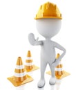 3d white people stop sign with helmet and traffic cones Royalty Free Stock Photo