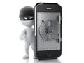 3d white people thief. Smartphone with safe door.