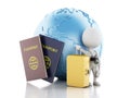 3d White people tourist with passport and earth globe.