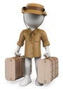 3D white people. Vintage traveler with two suitcases Royalty Free Stock Photo