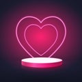 3D white and pink circle shape podium display with Neon hearts. Valentines banner for Wedding greeting card. Space for your design