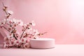 3D White and Pink Podium with Pink Flowers and Leaves