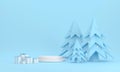 White podium, Christmas tree, snow and gift boxes at the christmas festival on a blue background