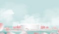 3d white podium step with pink rose floating on water with cloud on blue sky background,Vector banner Studio room display with