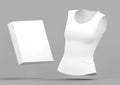 3D White women t-shirt and cardboard box mockup, angle view. Luxury sleeveless tank top with round crew, sport wear for