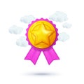 3D winner icon. Golden star. Trophy for certificate. Best service. Quality medal. Circle ribbon badge and clouds