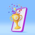 3D Winner Smartphone with Gold Trophy and Confetti