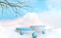 3D winter and Christmas podium display, white and blue abstract look background 3d rendering