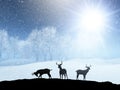 3D winter snow landscape with silhouettes of deer