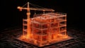 3d wireframe of a building under construction with a crane, digital concept Royalty Free Stock Photo