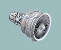 3D wireframe clay render of turbofan jet engine isolated on green background