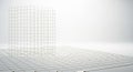 3D wireframe cube and grid floor in a minimalist studio with clean white background and subtle lighting Royalty Free Stock Photo
