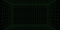 3d wireframe grid room. 3d perspective laser grid 16 9.. Cyberspace black background with green mesh. Futuristic digital Royalty Free Stock Photo