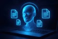 3D Wireframe Human Head and Documents Emerging from Laptop Screen artificial intelligence technology Royalty Free Stock Photo