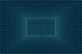 3d wireframe linear grid room. 3d perspective laser grid in Retrowave, synthwave, style. Cyberspace dark background with