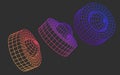 3d wireframe shapes icons set, abstract geometric mesh polygon spheres with rings. Outline colorful grid y2k figures Royalty Free Stock Photo