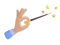 3d wizard hand hold magic wand with golden stars