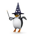 3d Wizard penguin floats above the ground magically