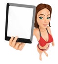 3D Woman in bikini with a tablet. Blank screen