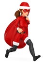 3D Woman christmas superhero running with a sack of gifts