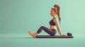 3d woman doing pilates isolated on green background. Horizontal layout. For yoga