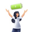 3D woman with green full level. 3D cartoon style vector design illustrations. Battery charged, healthy and happy woman