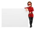 3D Woman masked superhero leaning on a blank poster