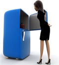 3d woman open refrigerator , apple inside refridgerator concept Royalty Free Stock Photo
