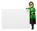 3D Woman superhero of recycling leaning on a blank poster