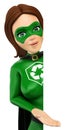 3D Woman superhero of recycling pointing aside. Blank